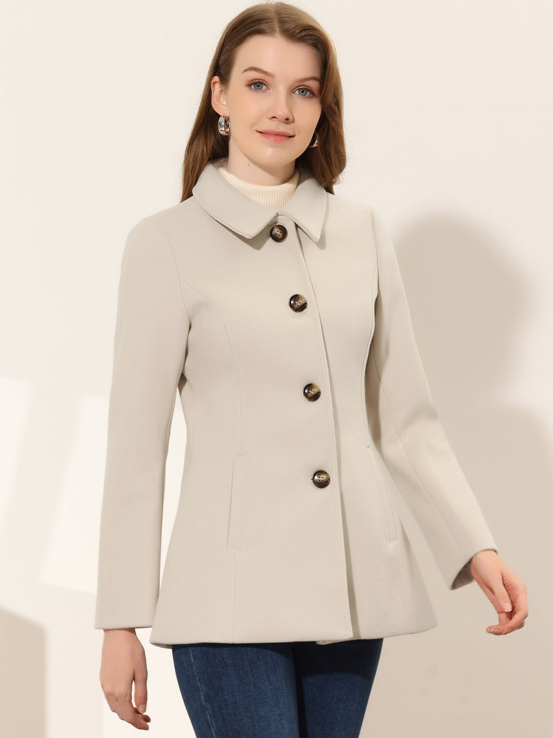 Women's Winter Button Collared Pea Coat | Single Breasted