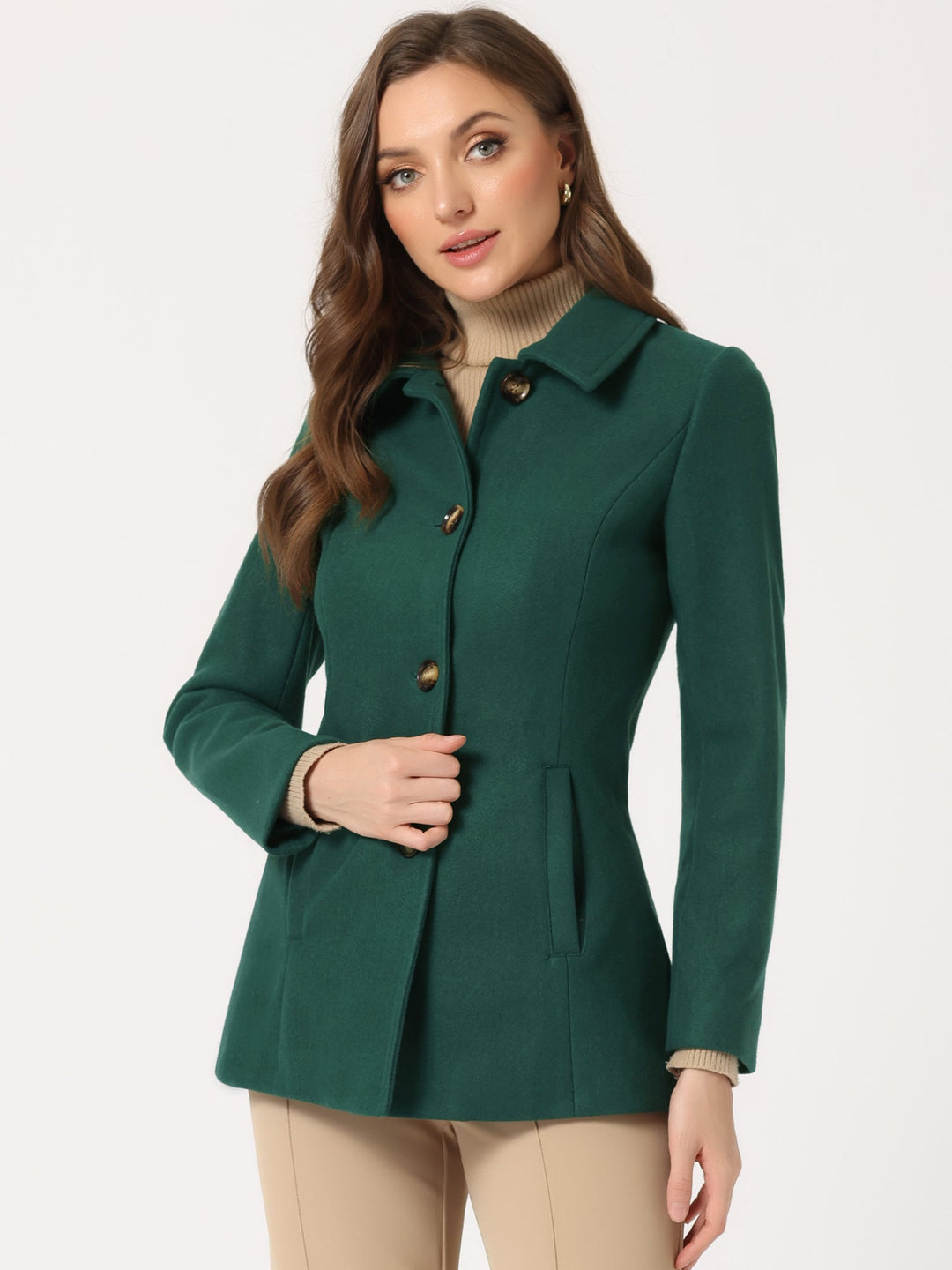 Women's Winter Button Collared Pea Coat | Single Breasted
