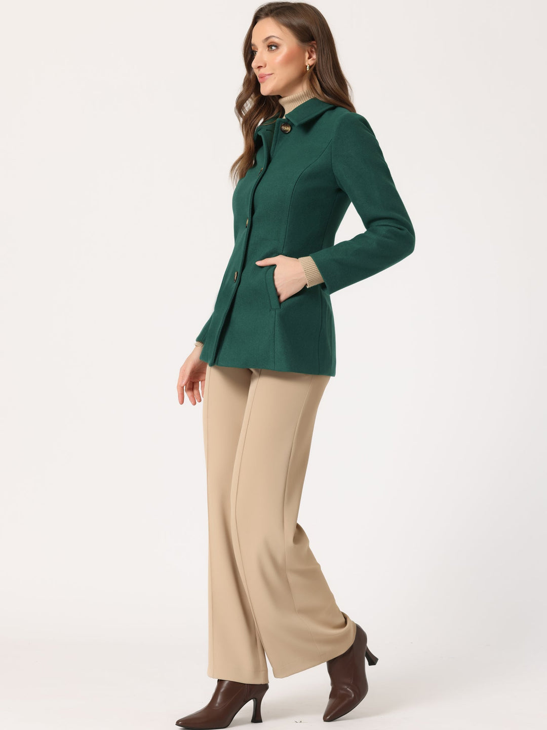 Women's Winter Button Collared Pea Coat | Single Breasted