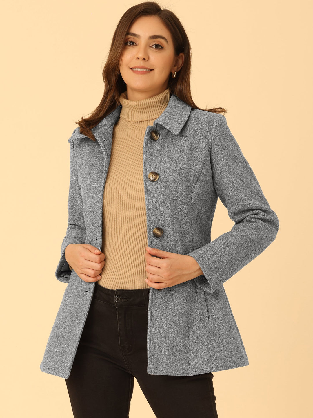 Women's Winter Button Collared Pea Coat | Single Breasted