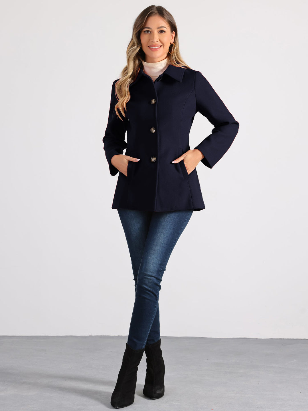 Women's Winter Button Collared Pea Coat | Single Breasted