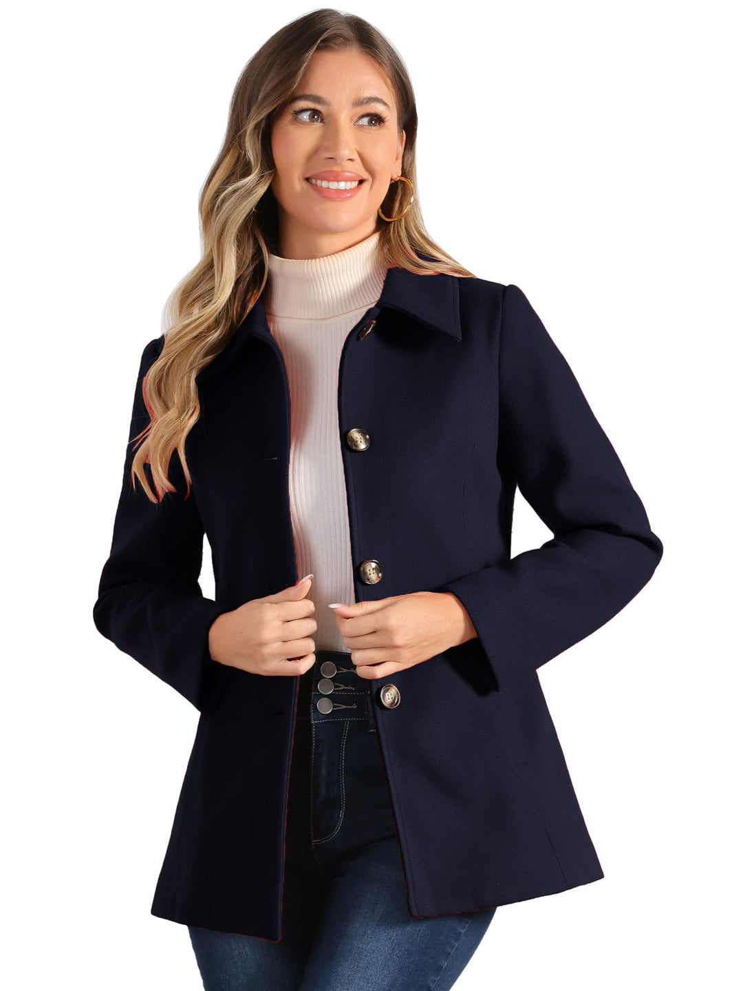 Women's Winter Button Collared Pea Coat | Single Breasted
