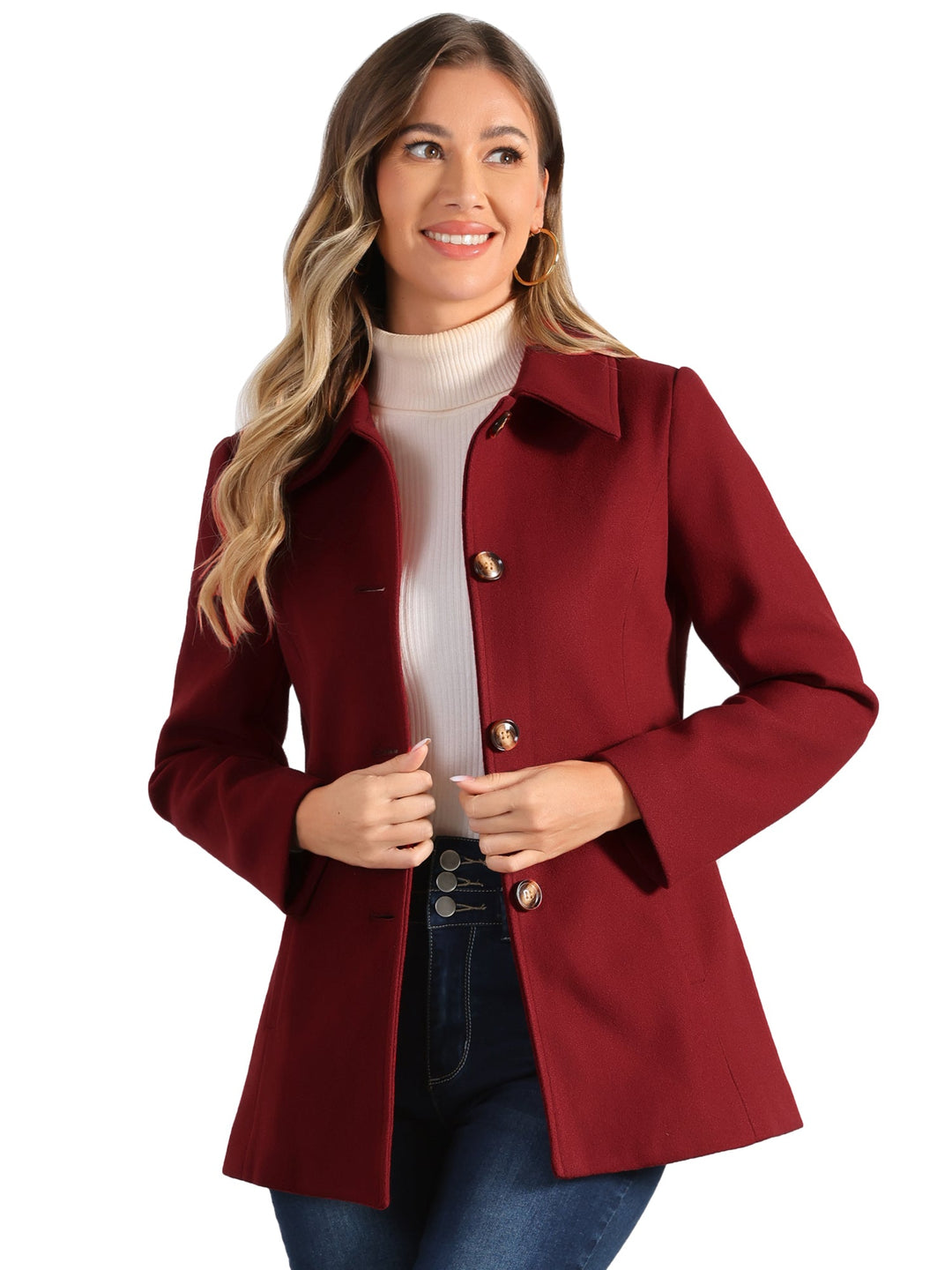 Women's Winter Button Collared Pea Coat | Single Breasted