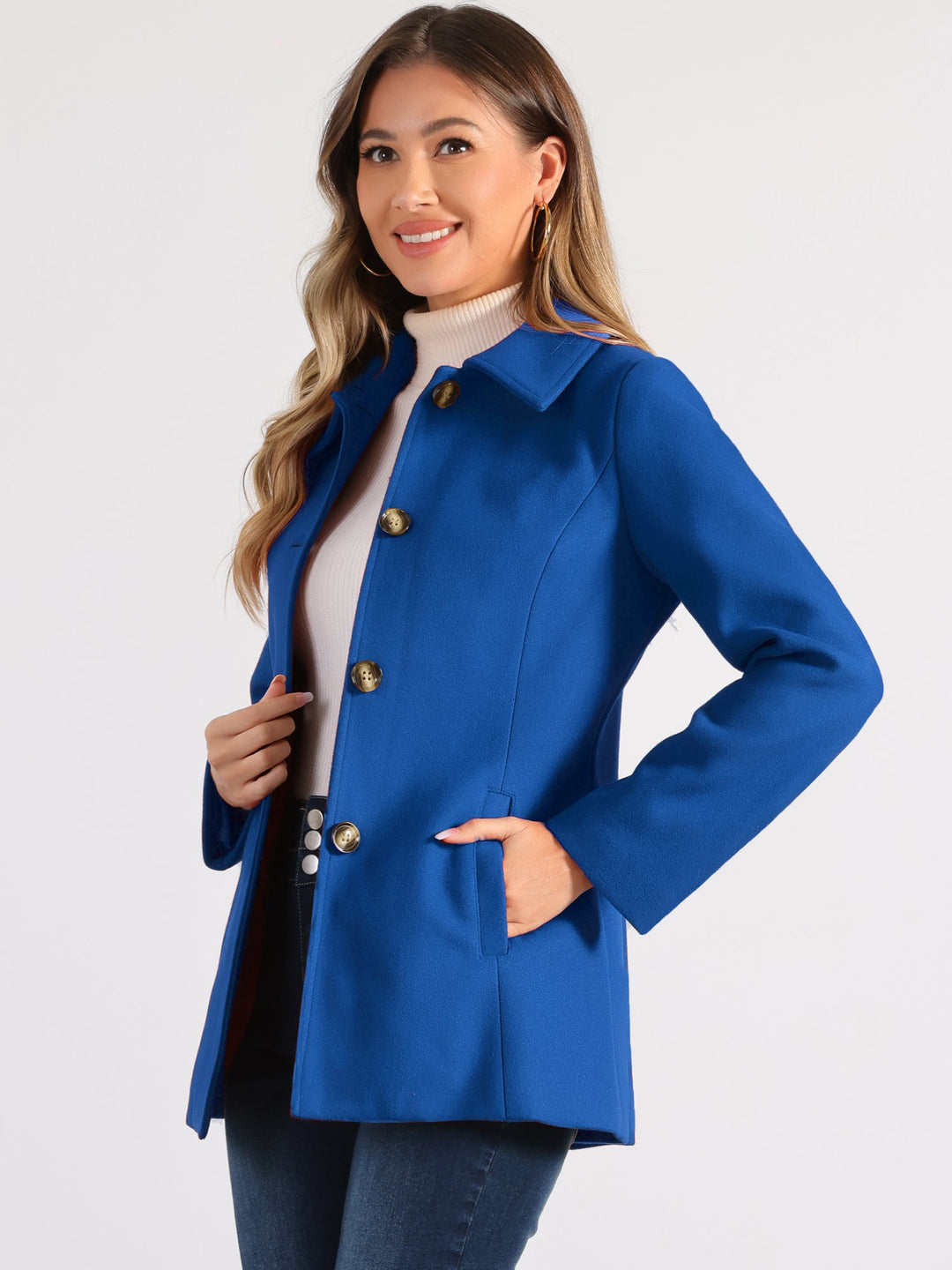 Women's Winter Button Collared Pea Coat | Single Breasted