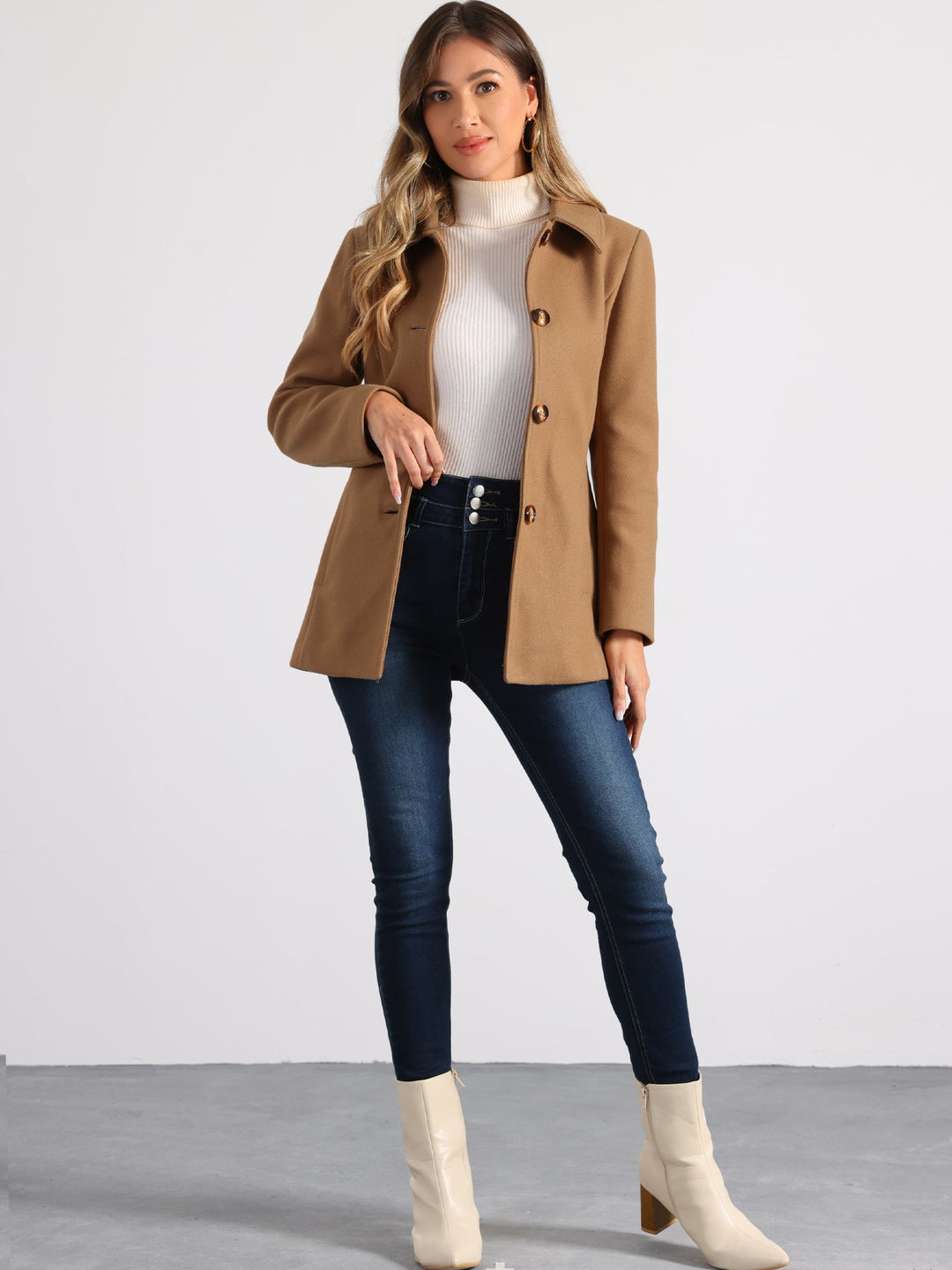 Women's Winter Button Collared Pea Coat | Single Breasted
