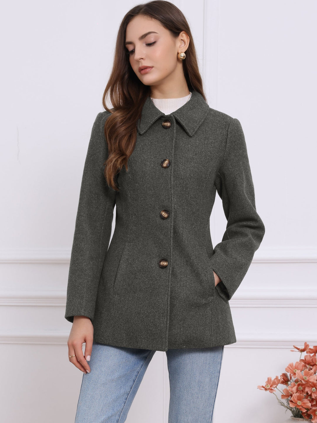 Women's Winter Button Collared Pea Coat | Single Breasted