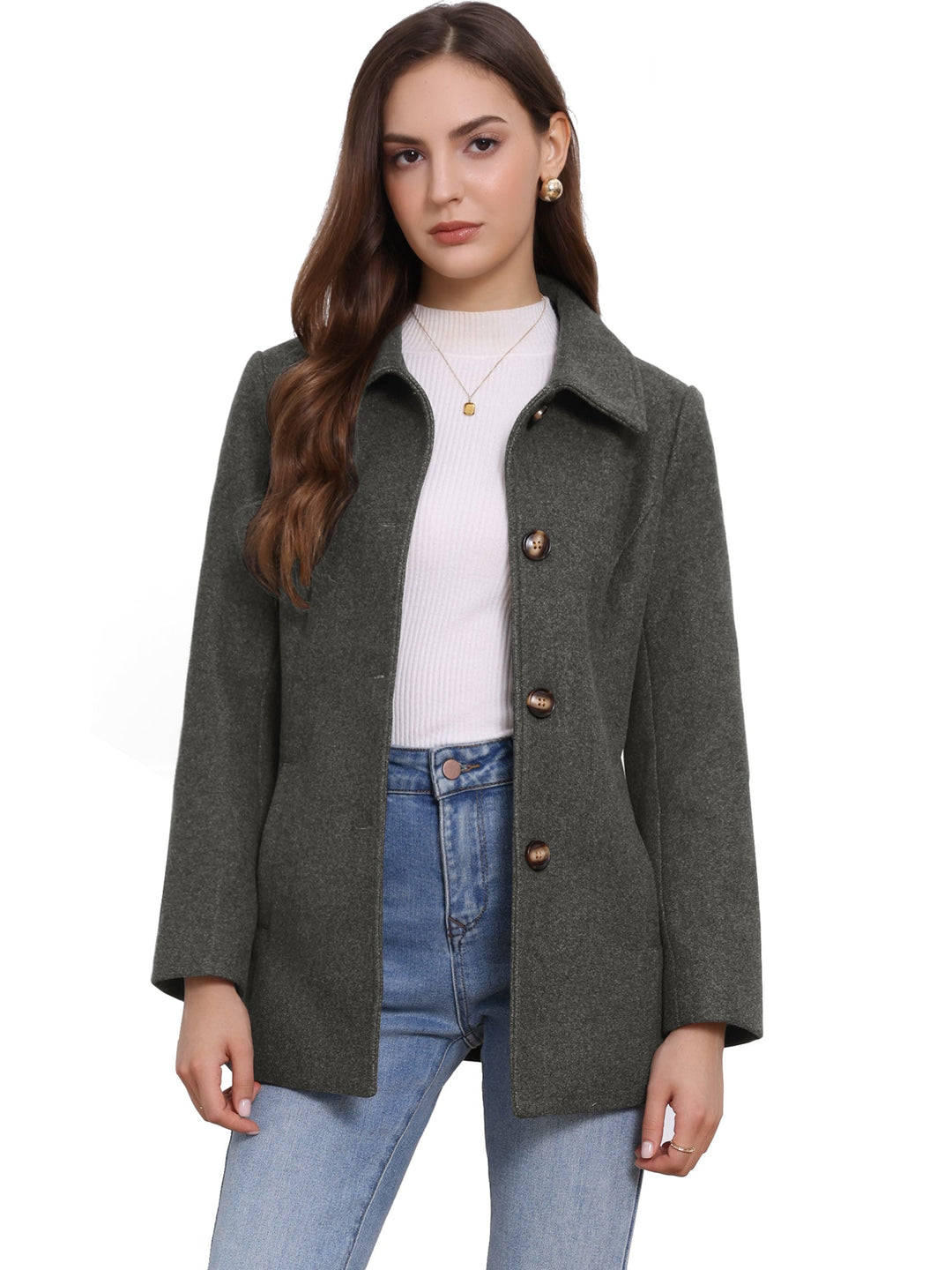 Women's Winter Button Collared Pea Coat | Single Breasted