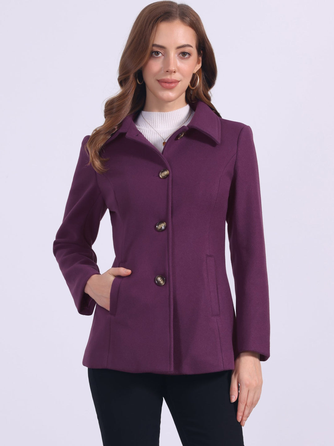 Women's Winter Button Collared Pea Coat | Single Breasted