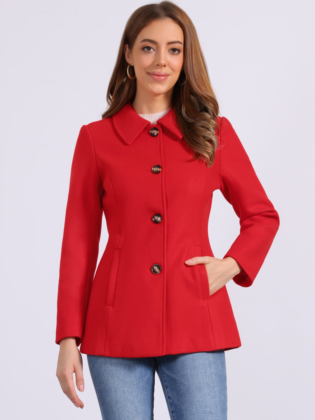 Women's Winter Button Collared Pea Coat | Single Breasted