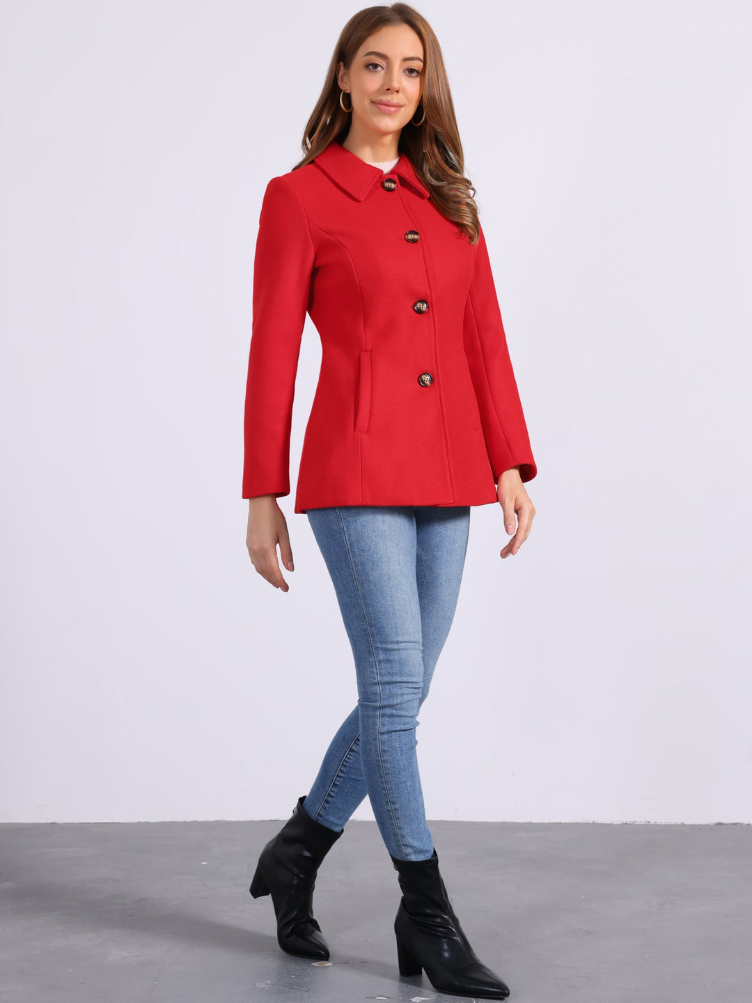 Women's Winter Button Collared Pea Coat | Single Breasted