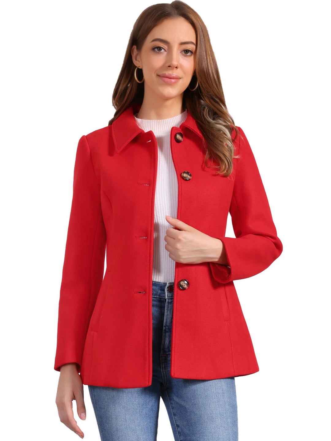 Women's Winter Button Collared Pea Coat | Single Breasted