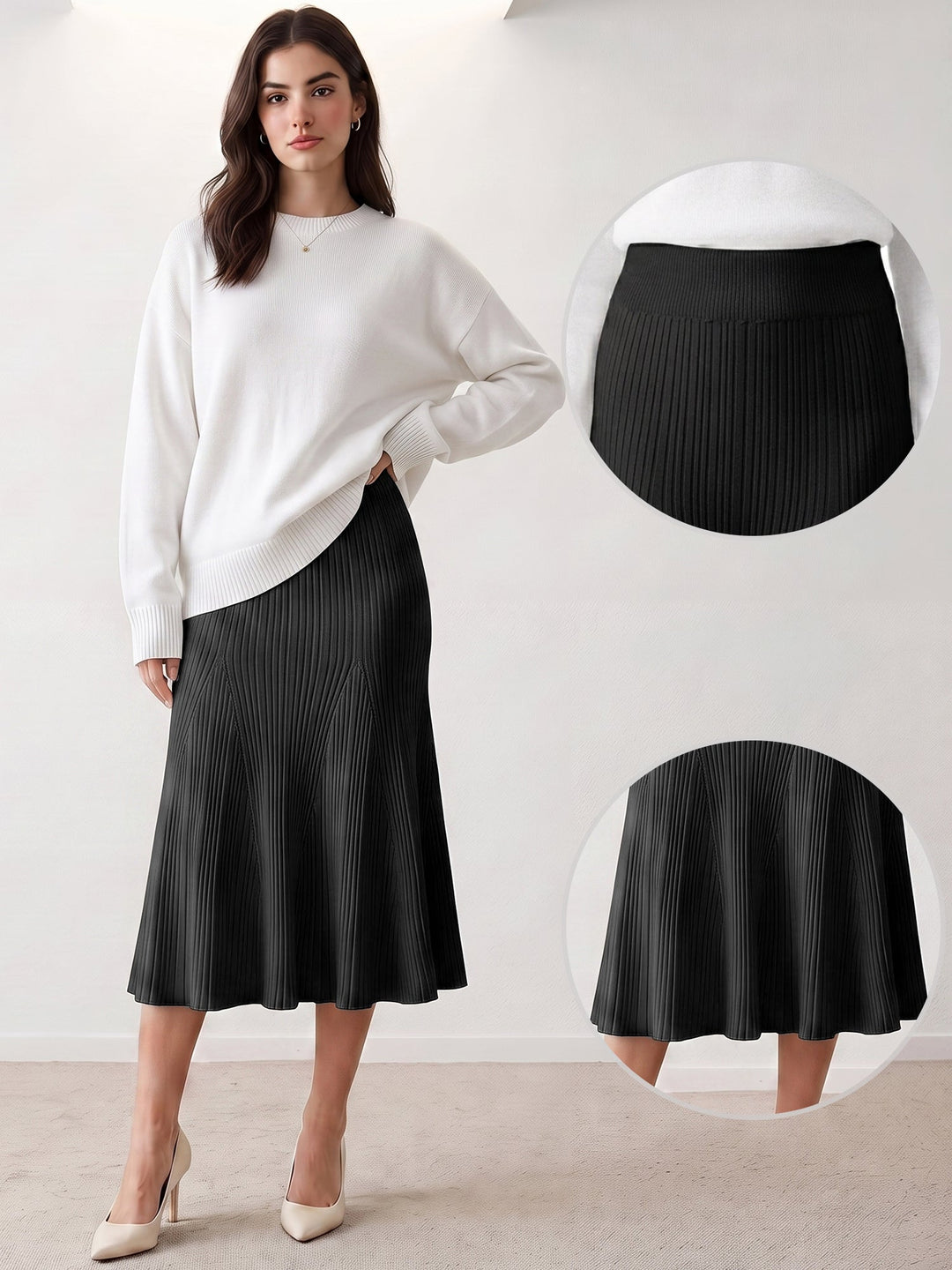 Women's Ribbed Flared Knit A-Line Skirt | Midi