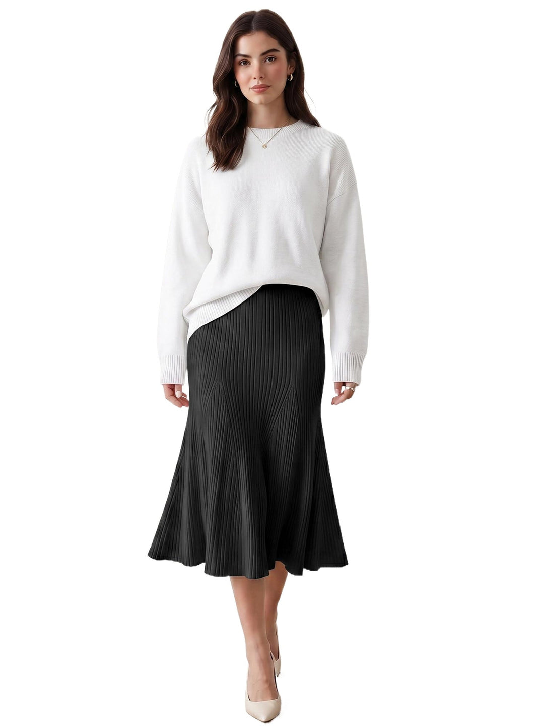 Women's Ribbed Flared Knit A-Line Skirt | Midi
