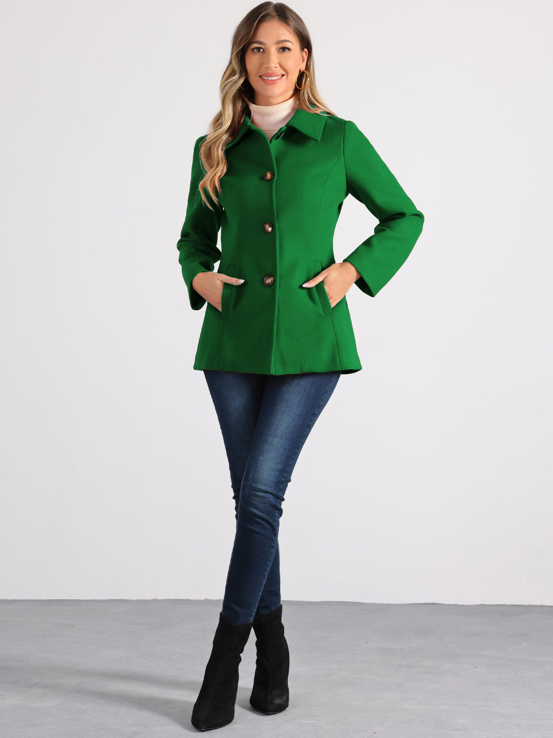 Women's Winter Button Collared Pea Coat | Single Breasted