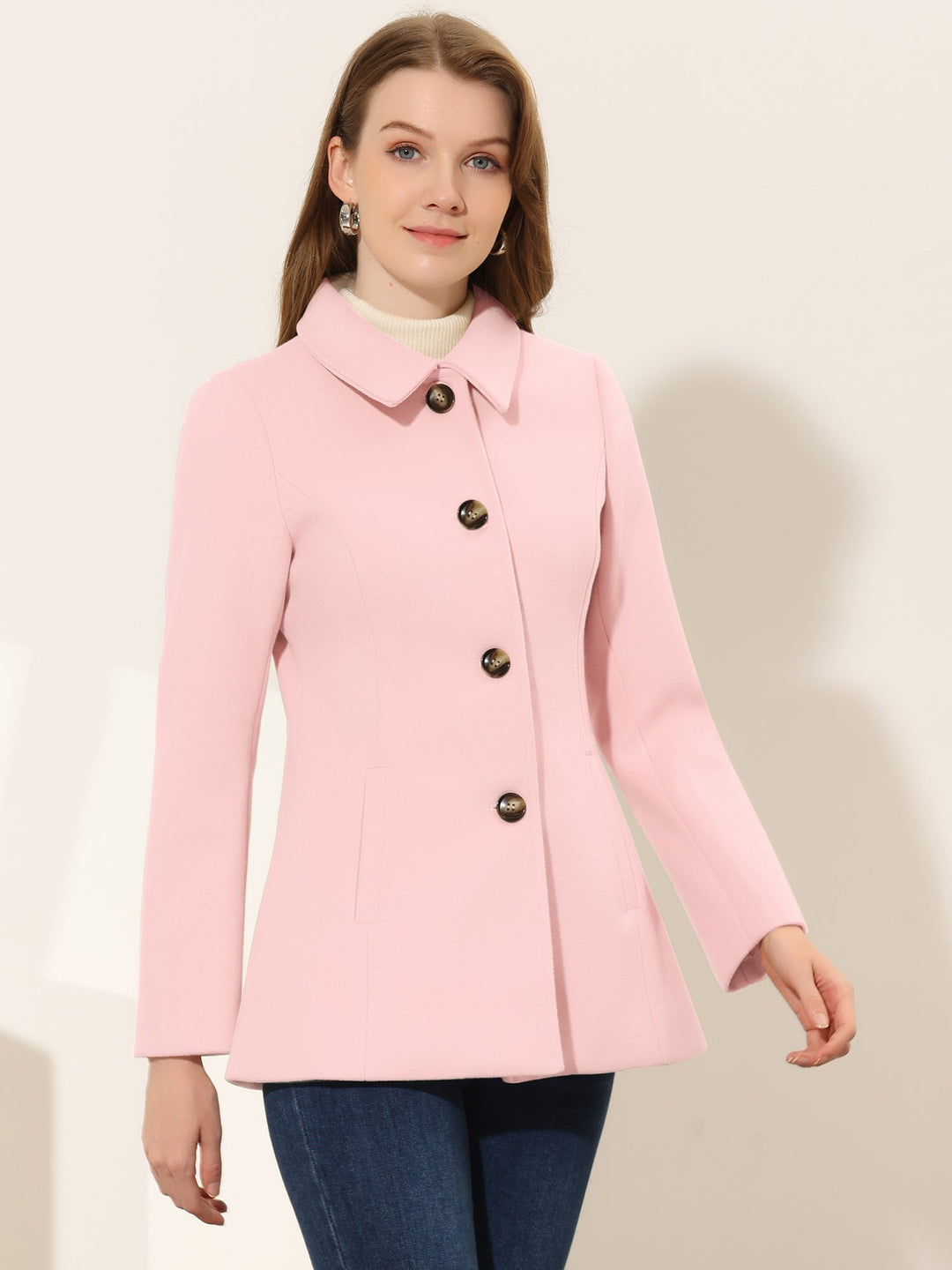 Women's Winter Button Collared Pea Coat | Single Breasted