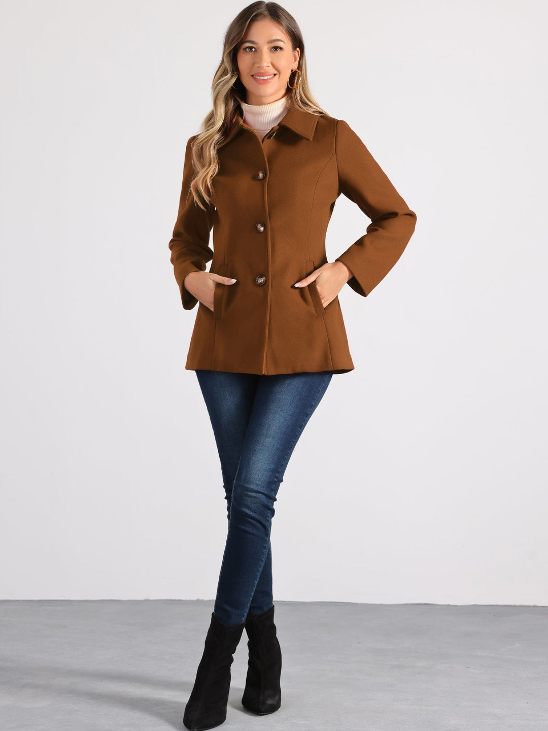 Women's Winter Button Collared Pea Coat | Single Breasted