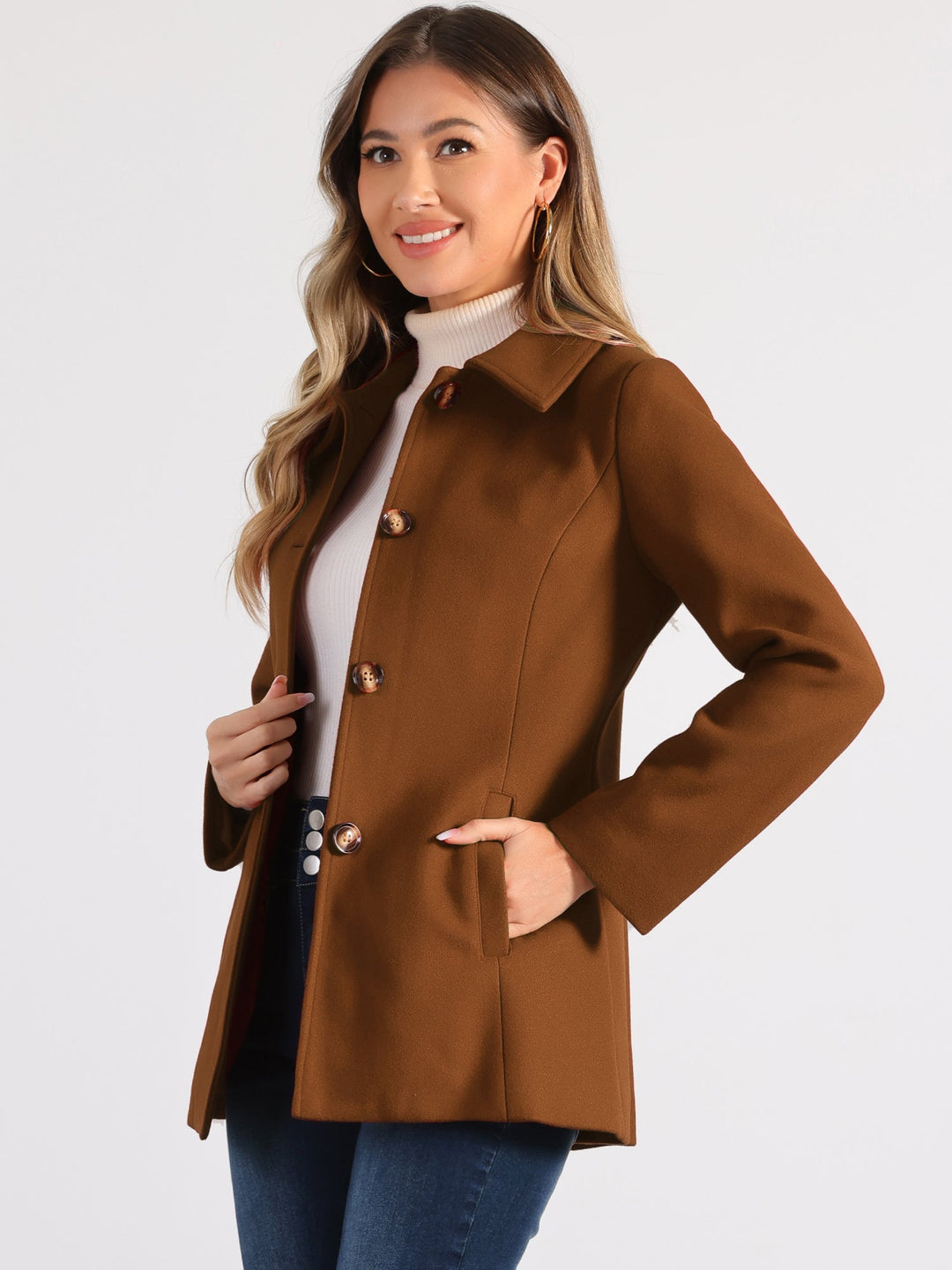 Women's Winter Button Collared Pea Coat | Single Breasted