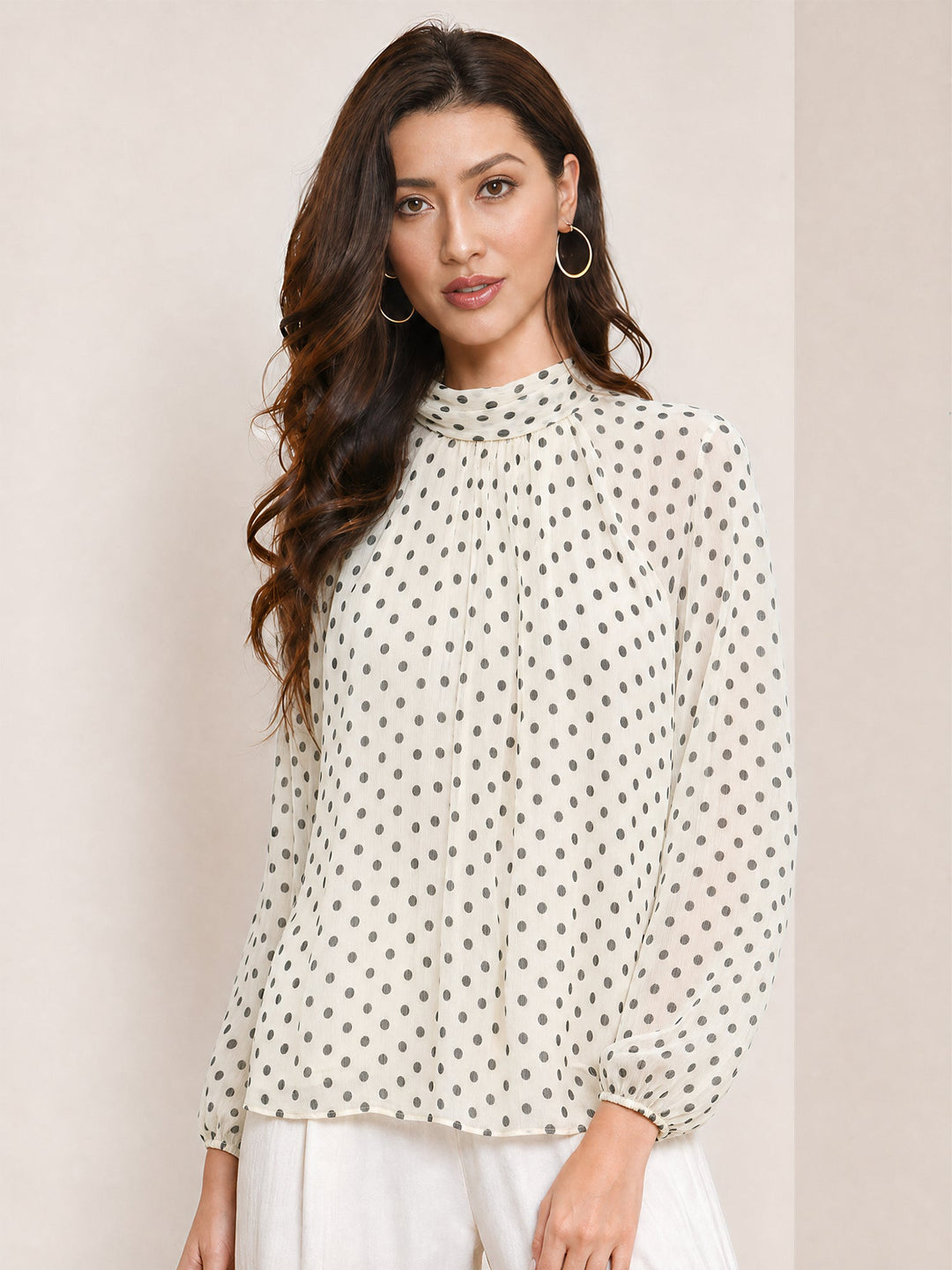 Women's Polka Dot Ruffle Neck Blouse | Sheer