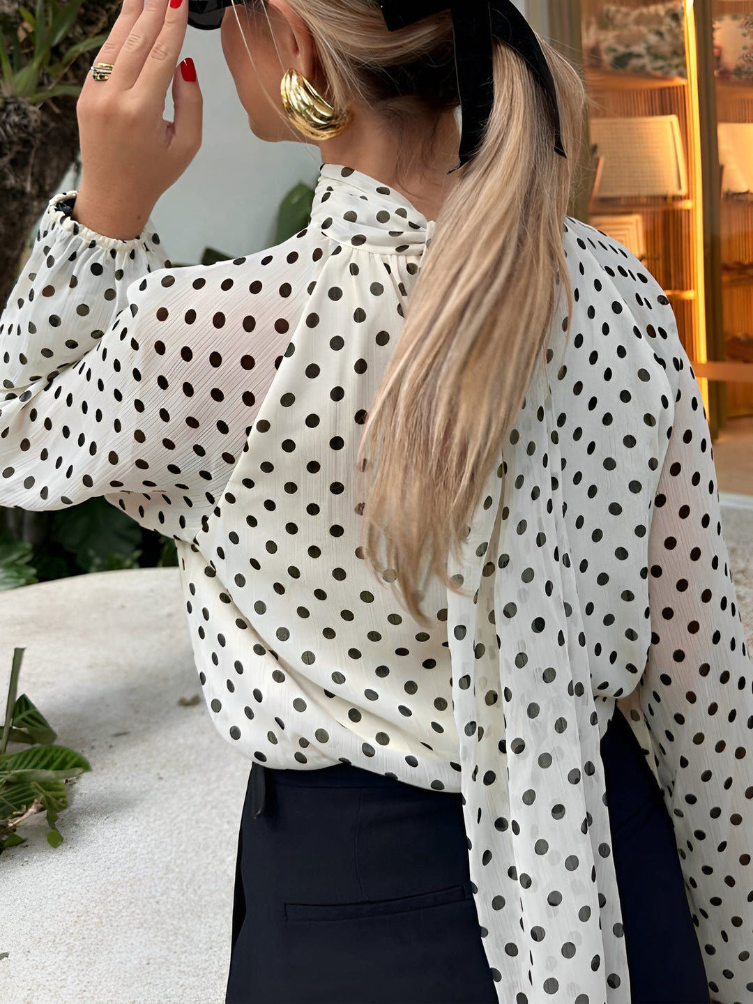 Women's Polka Dot Ruffle Neck Blouse | Sheer