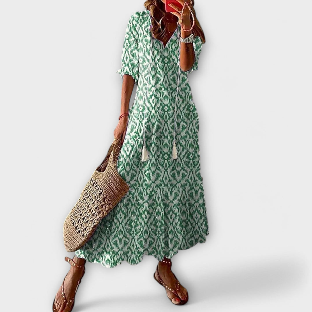 Women's Elegant Summer V-Neck Boho Print Dress | Maxi