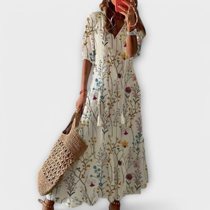 Women's Elegant Summer V-Neck Boho Print Dress | Maxi