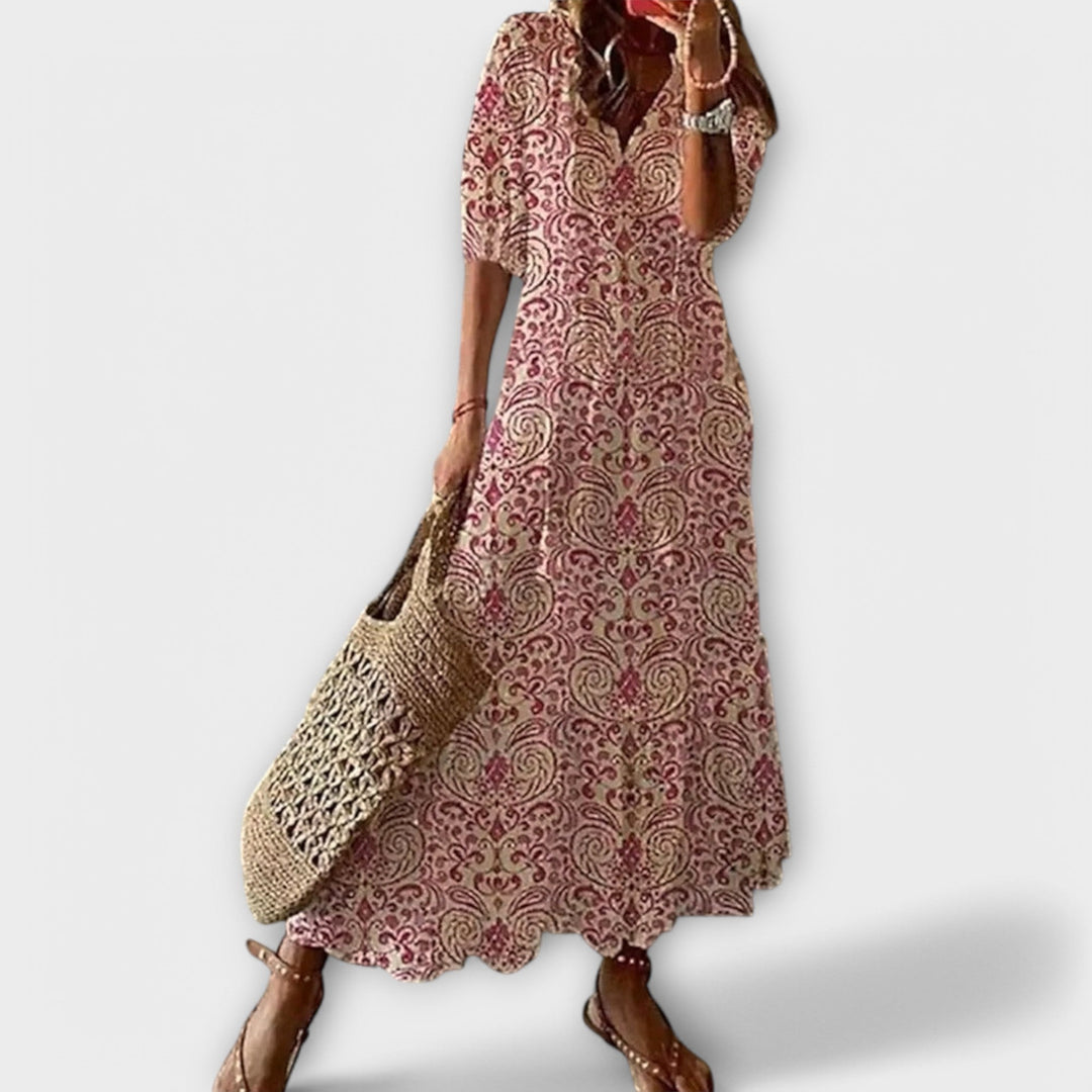 Women's Elegant Summer V-Neck Boho Print Dress | Maxi