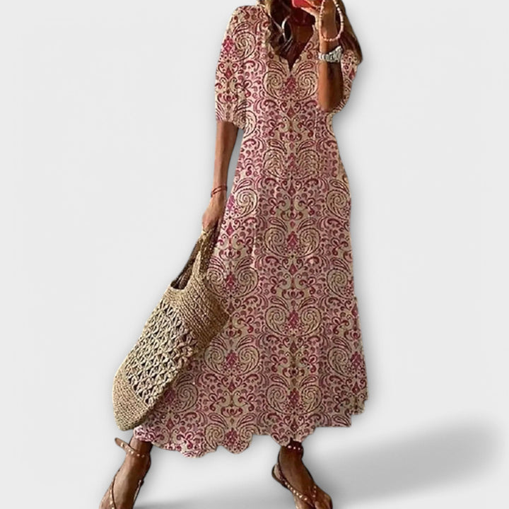 Women's Elegant Summer V-Neck Boho Print Dress | Maxi