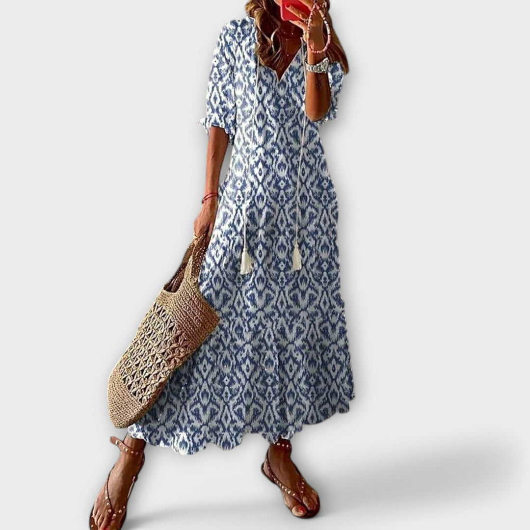 Women's Elegant Summer V-Neck Boho Print Dress | Maxi