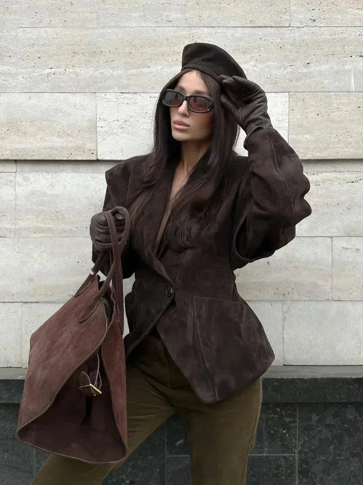 Women's Long Sleeve Pockets Brown Blazer | Winter