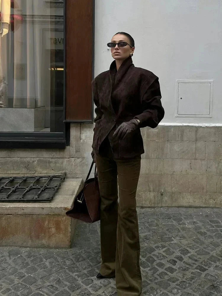 Women's Long Sleeve Pockets Brown Blazer | Winter