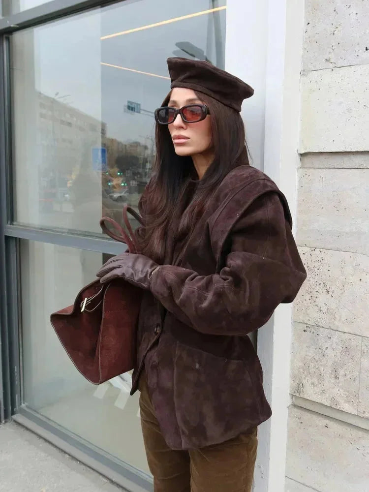 Women's Long Sleeve Pockets Brown Blazer | Winter