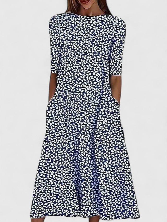 Women's Elegant Spring Floral Round Neck Dress | Midi